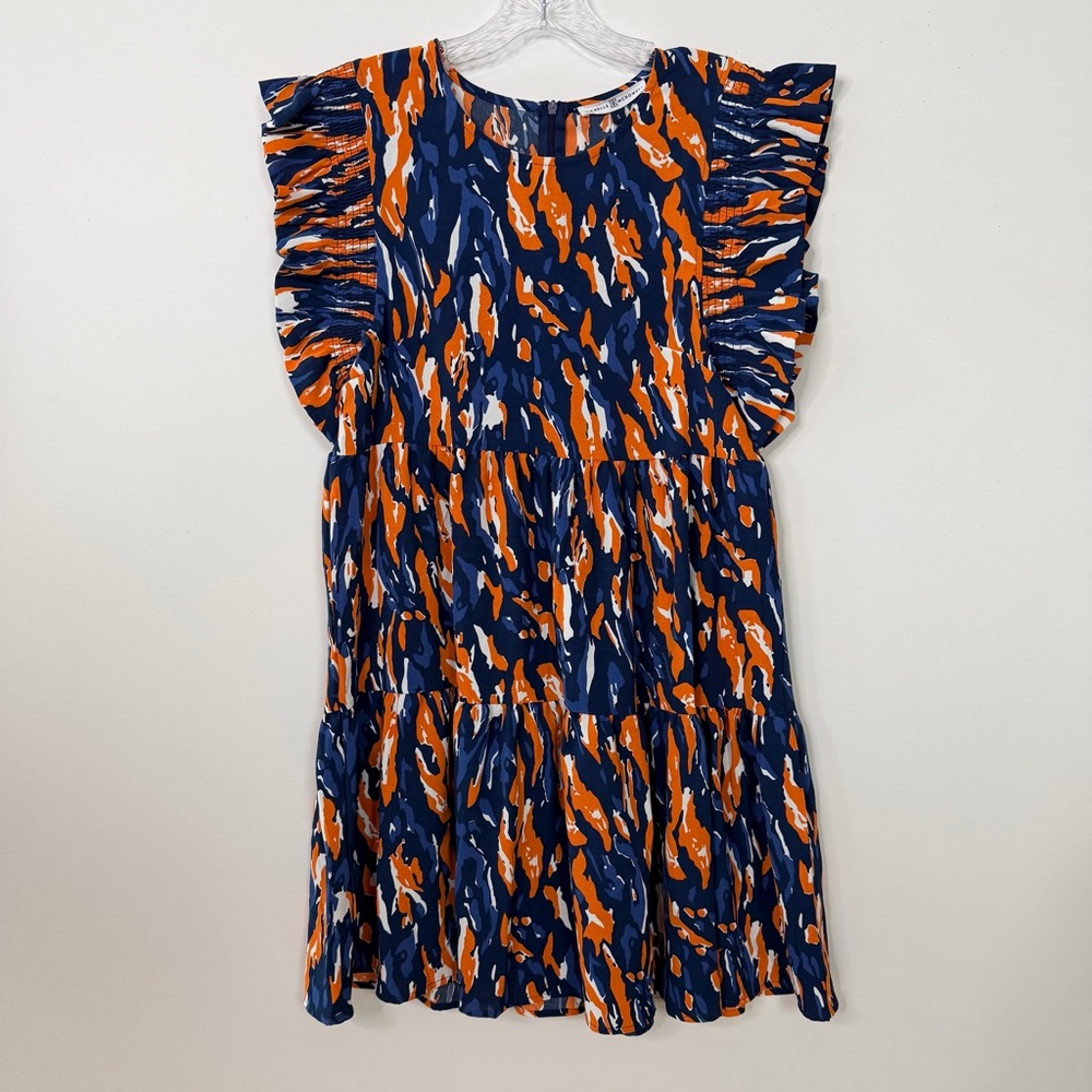 New MICHELLE‎ MCDOWELL Orange Blue Flutter Sleeve Tiered Mini Dress SMALL $98